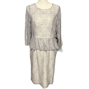 Adrianna Papell Womens Gray Lace Peplum Midi Dress Sz 8 Mother of‎ Bride READ